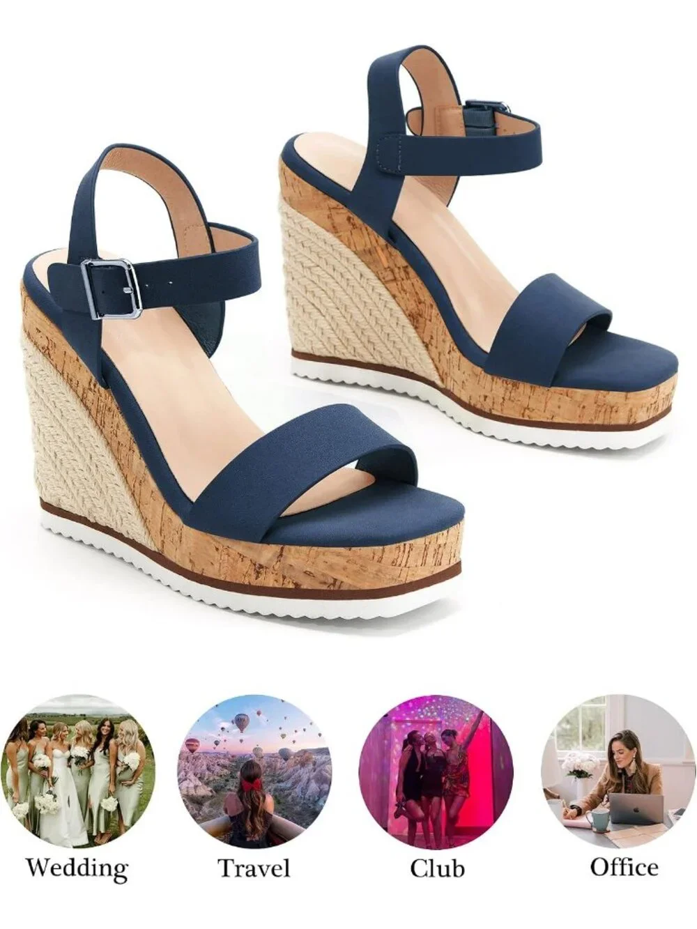 Women's Blue Espadrille Wedge Platform Sandals Open Toe Ankle Buckle Strap Shoes